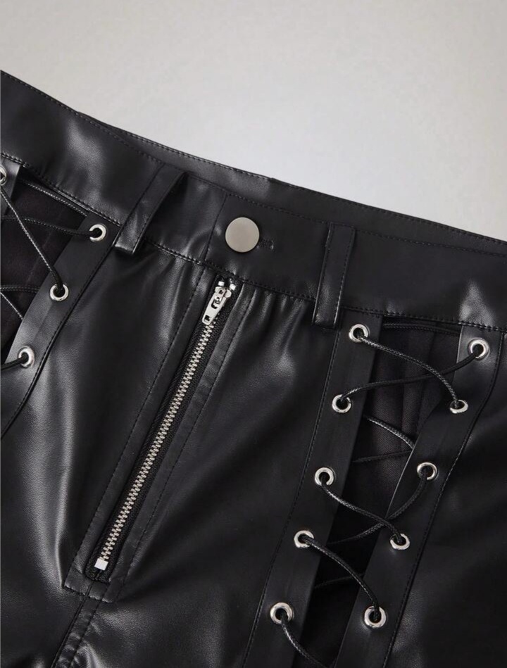 Men's Chicken Eye Lace-Up Design Zipper Front PU Leather Pants